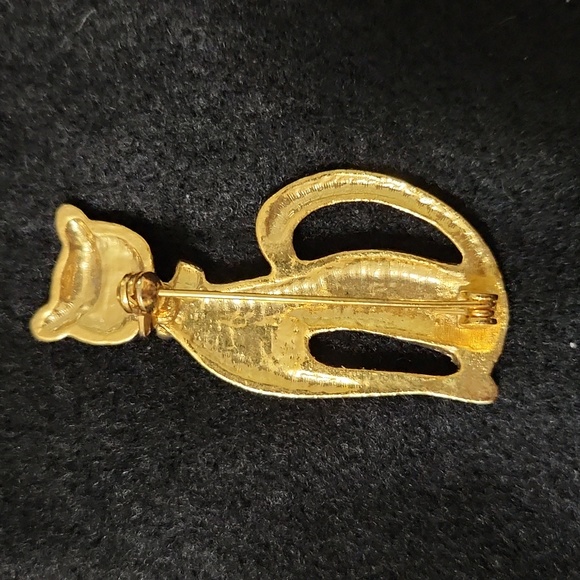 Vintage Black matte Cat Kitty with gold bow collar, sparkly eyes! 2 in brooch - Picture 6 of 7